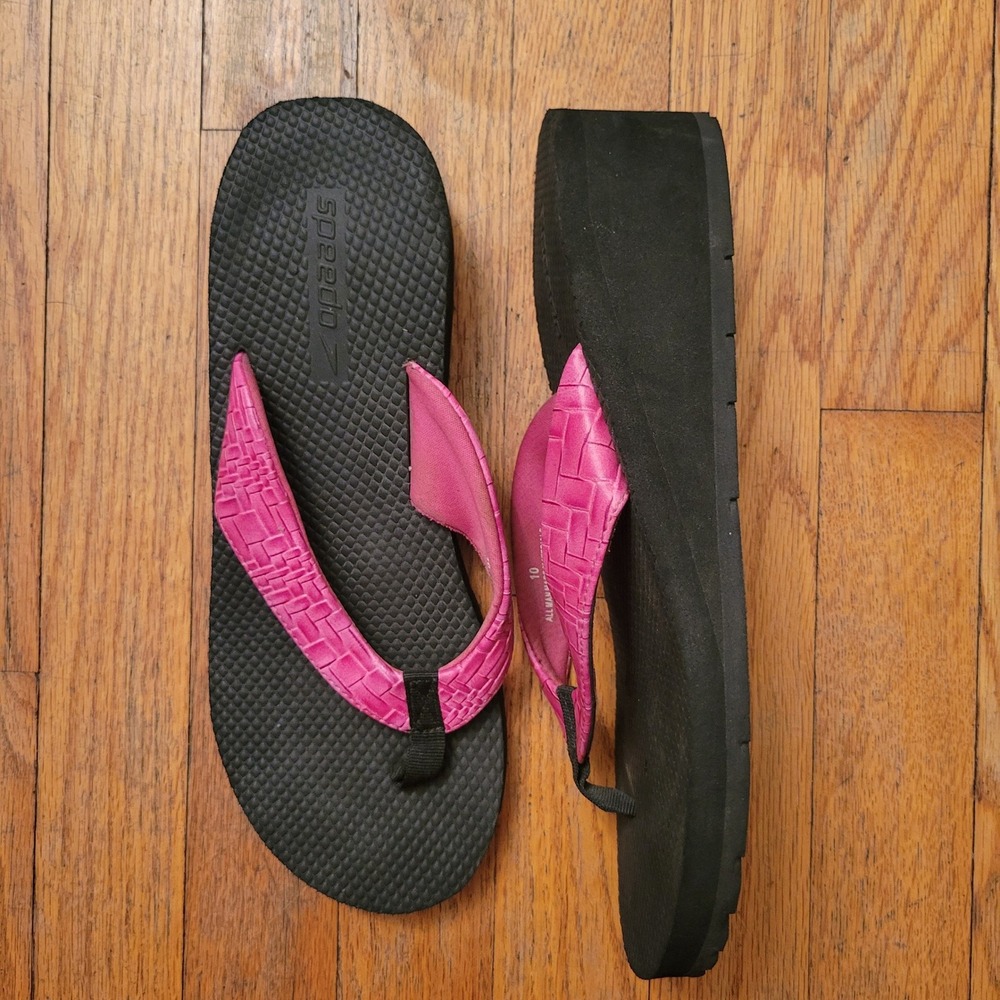 Speedo 10 Platform Flip Flops Pink Black Textured Wedge Thong Sandals Beach